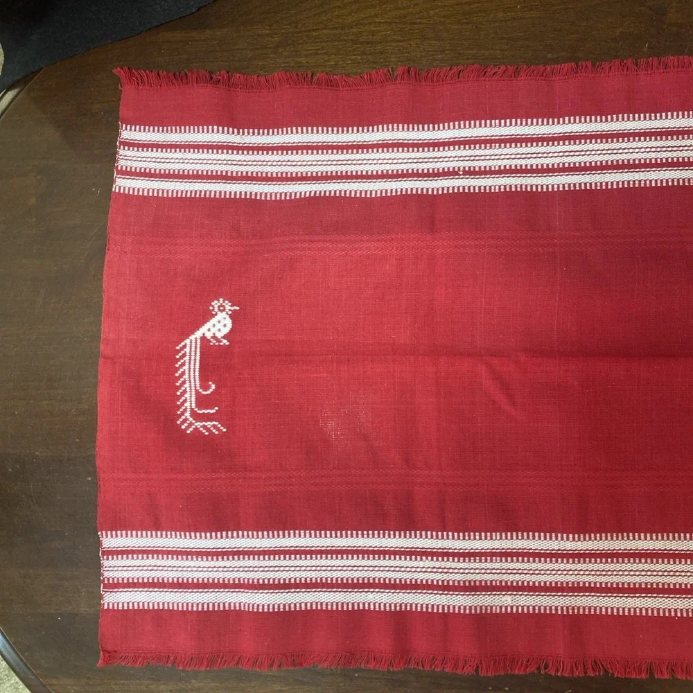 Vintage Woven Red Table Runner‎ White Stripes Peacocks Birds Fringe